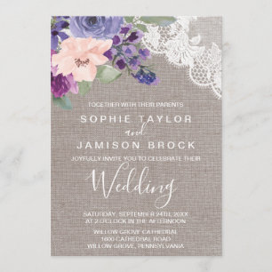 Invitation Fleurs violettes et Mariage dentelle