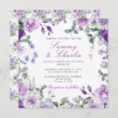 Invitation Fleurs violettes et Mariage Feuille d'Eucalyptus (Devant / Derrière)