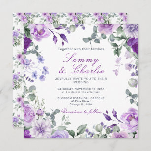 Invitation Fleurs violettes et Mariage Feuille d'Eucalyptus