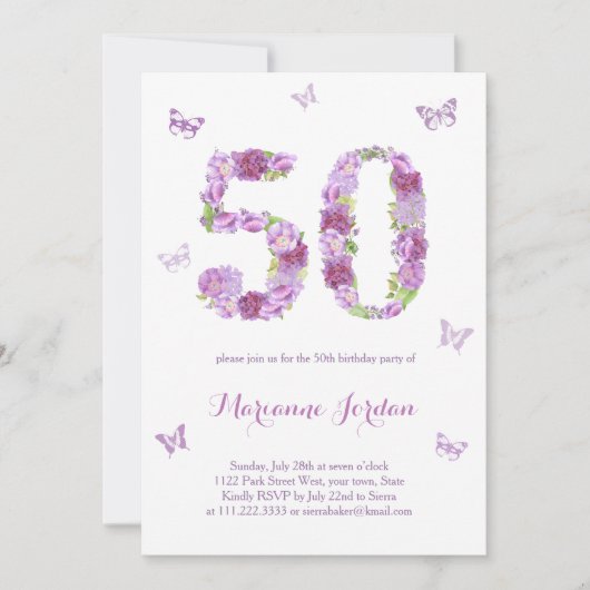 Invitation Fleurs violettes et papillons 50e anniversaire fêt (Devant)