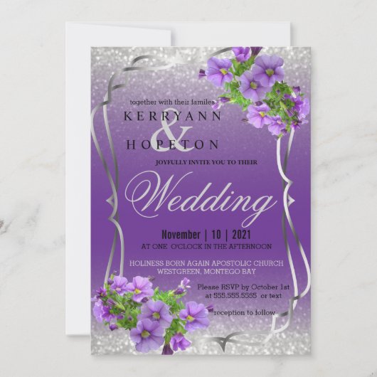 Invitation Fleurs violettes et Parties scintillant d'argent (Devant)