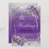 Invitation Fleurs violettes et Parties scintillant d'argent (Devant / Derrière)