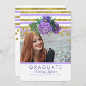 Invitation Fleurs violettes et rayures d'or Élégant Graduatio (Devant / Derrière)