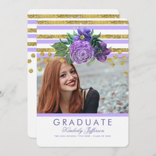 Invitation Fleurs violettes et rayures d'or Élégant Graduatio (Devant / Derrière)