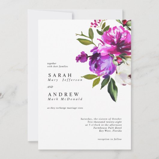Invitation Fleurs violettes et verdure Feuille Mariage modern (Devant)