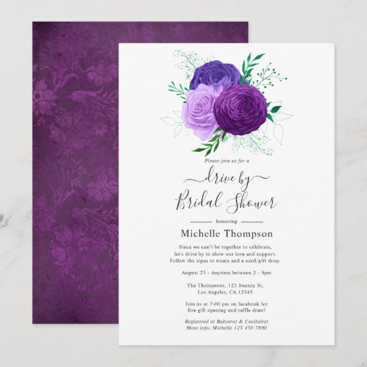 Invitation Fleurs violettes et vertes pour une douche de mari (Devant / Derrière)