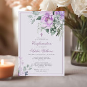 Invitation Fleurs violettes Eucalyptus Confirmation Invitatio