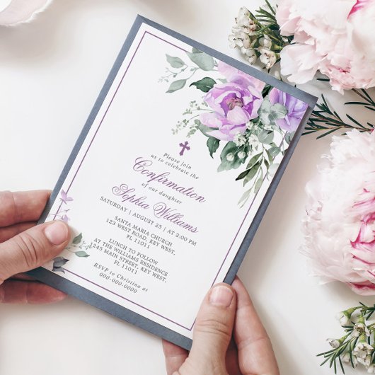 Invitation Fleurs violettes Eucalyptus Confirmation Invitatio
