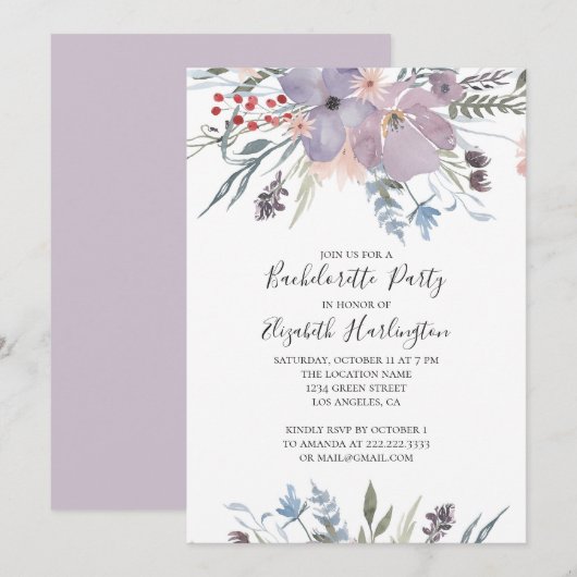 Invitation Fleurs violettes. Fête de bachelorte fleurie du ja (Devant / Derrière)
