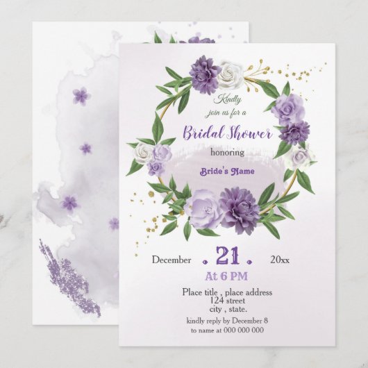 Invitation fleurs violettes & feuille couronne douche nuptial (Devant / Derrière)