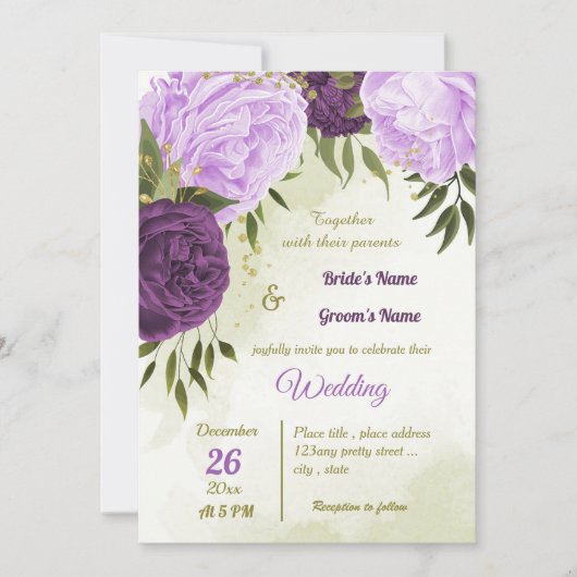 Invitation fleurs violettes feuilles vertes mariage (Devant)