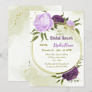 Invitation fleurs violettes feuilles vertes shower de mariage