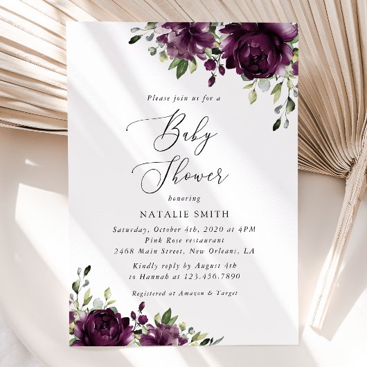 Invitation Fleurs violettes, Fleurs de prunes, Boho, Baby sho