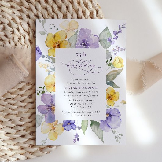 Invitation Fleurs violettes, Fleurs Jaunes, Boho, Anniversair
