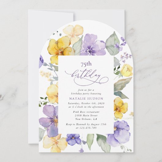Invitation Fleurs violettes, Fleurs Jaunes, Boho, Anniversair (Devant)