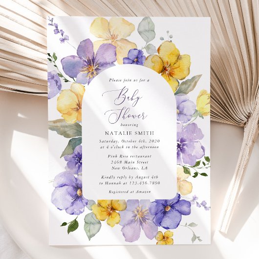 Invitation Fleurs violettes, Fleurs Jaunes, Boho, Baby shower
