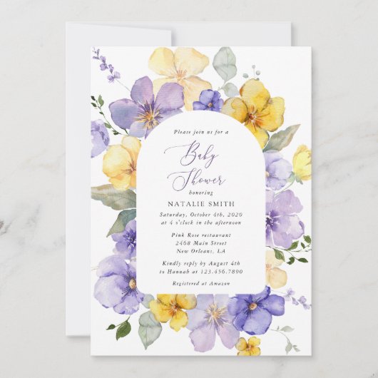 Invitation Fleurs violettes, Fleurs Jaunes, Boho, Baby shower (Devant)