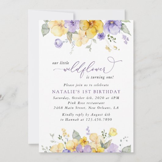 Invitation Fleurs violettes, Fleurs Jaunes, Premier Anniversa (Devant)