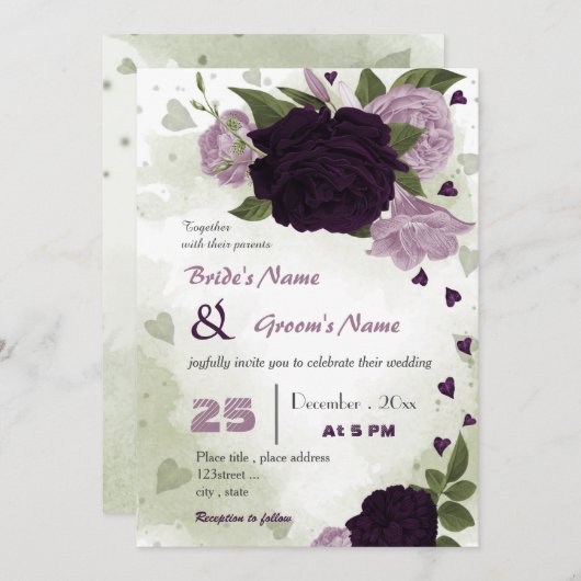 Invitation fleurs violettes foncées et claires mariage (Devant / Derrière)