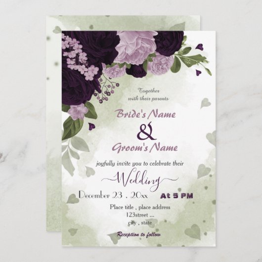 Invitation fleurs violettes foncées et claires mariage (Devant / Derrière)