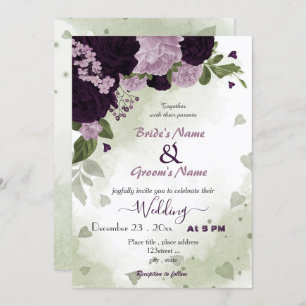 Invitation fleurs violettes foncées et claires mariage