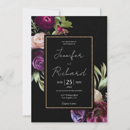 Invitation Fleurs violettes foncées Moody Mariage noir modern (Devant)