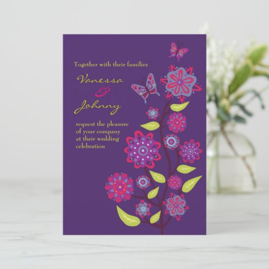 Invitation Fleurs violettes funky Mariage (Debout devant)