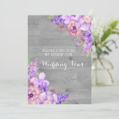Invitation Fleurs violettes Lilac en bois gris Vow renouveau (Debout devant)