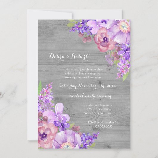 Invitation Fleurs violettes Lilac en bois gris Vow renouveau (Dos)