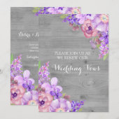 Invitation Fleurs violettes Lilac en bois gris Vow renouveau (Devant / Derrière)