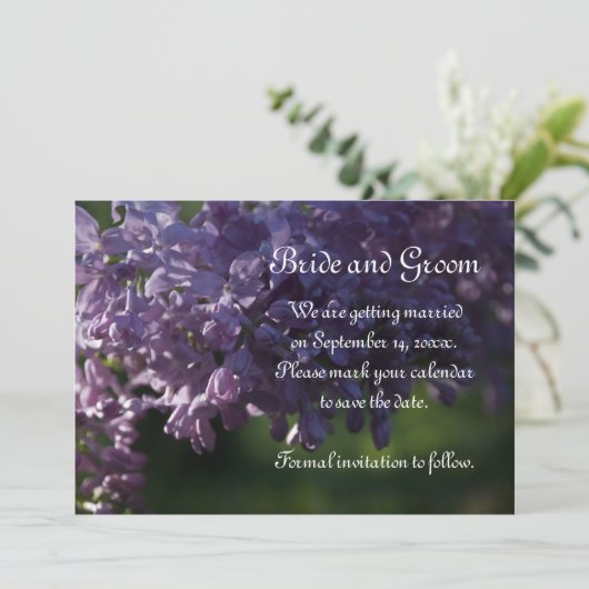 Invitation Fleurs violettes Lilac Mariage Enregistrer la date (Debout devant)