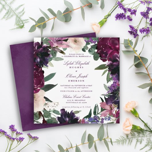 Invitation Fleurs violettes luxuriantes | Mariage romantique