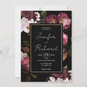 Invitation Fleurs violettes Mariage foncé Moody Élégant Noir (Devant)