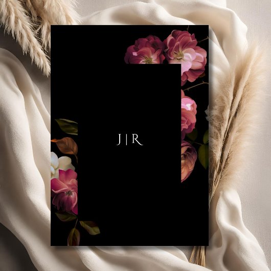 Invitation Fleurs violettes Mariage foncé Moody Élégant Noir