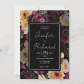Invitation Fleurs violettes Mariage foncé Moody Gold Noir (Devant)