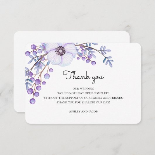 Invitation Fleurs violettes merci. Note de mariage botanique (Devant / Derrière)