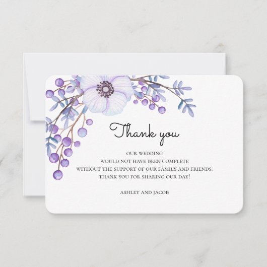 Invitation Fleurs violettes merci. Note de mariage botanique (Devant)