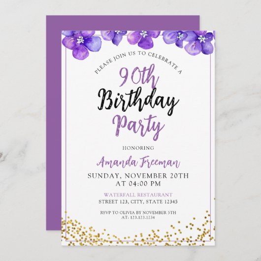 Invitation Fleurs violettes minimales 90e anniversaire (Devant / Derrière)