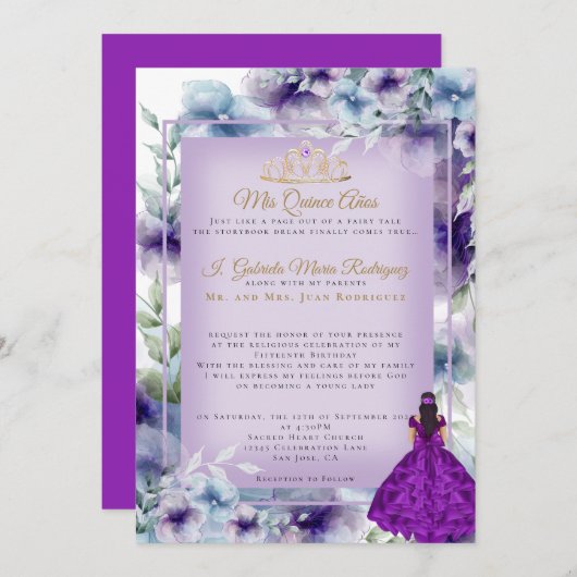 Invitation Fleurs violettes modernes Quinceañera (Devant / Derrière)