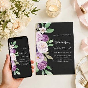 Invitation Fleurs violettes noires pour anniversaire
