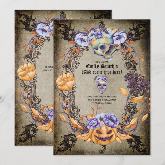 Invitation Fleurs violettes orange crânes gothiques gothiques (Devant / Derrière)