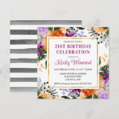 Invitation Fleurs violettes, orange et noires Anniversaire (Devant / Derrière)