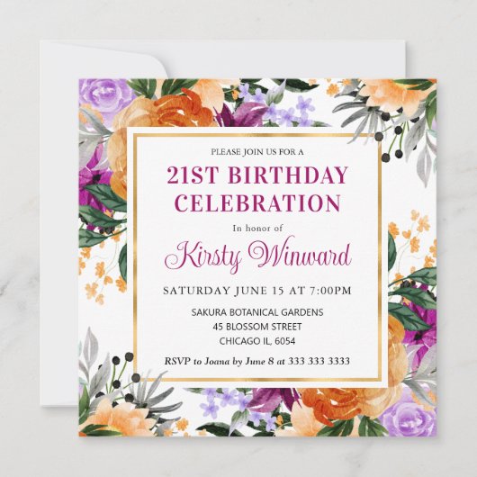 Invitation Fleurs violettes, orange et noires Anniversaire (Devant)