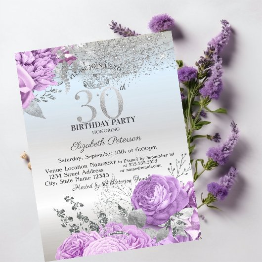 Invitation Fleurs Violettes Paillettes Argent 30ème Anniversa