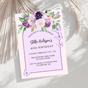 Invitation Fleurs violettes papillons arche luxe anniversaire