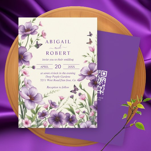 Invitation Fleurs violettes, papillons, mariage de code RSVP