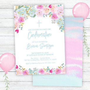 Invitation Fleurs violettes Peach Rose Bleu Confirmation flor