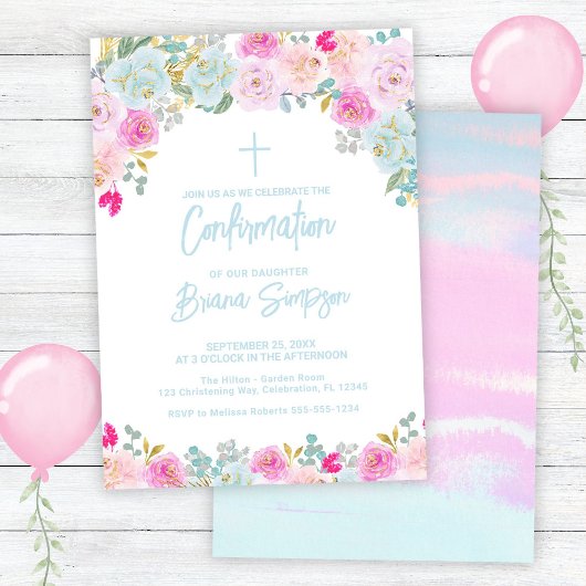 Invitation Fleurs violettes Peach Rose Bleu Confirmation flor