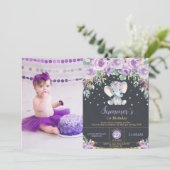 Invitation Fleurs violettes photo de l'éléphant 1er anniversa (Debout devant)