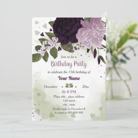 Invitation fleurs violettes profondes vert (Debout devant)